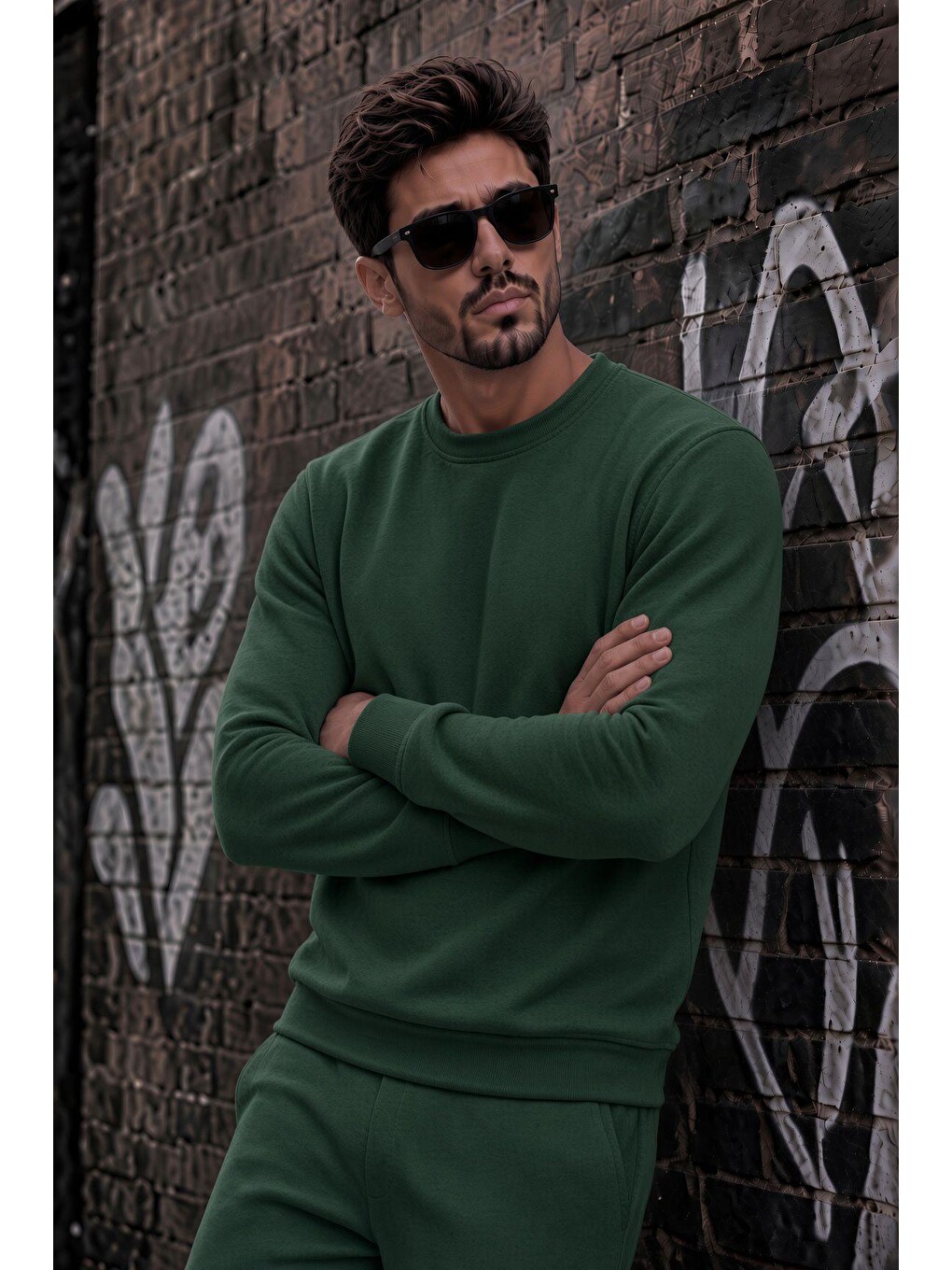 Yeşil John Erkek İki İpli Şardonlu Düz Renk Günlük Bisiklet Yaka Sweatshirt-1