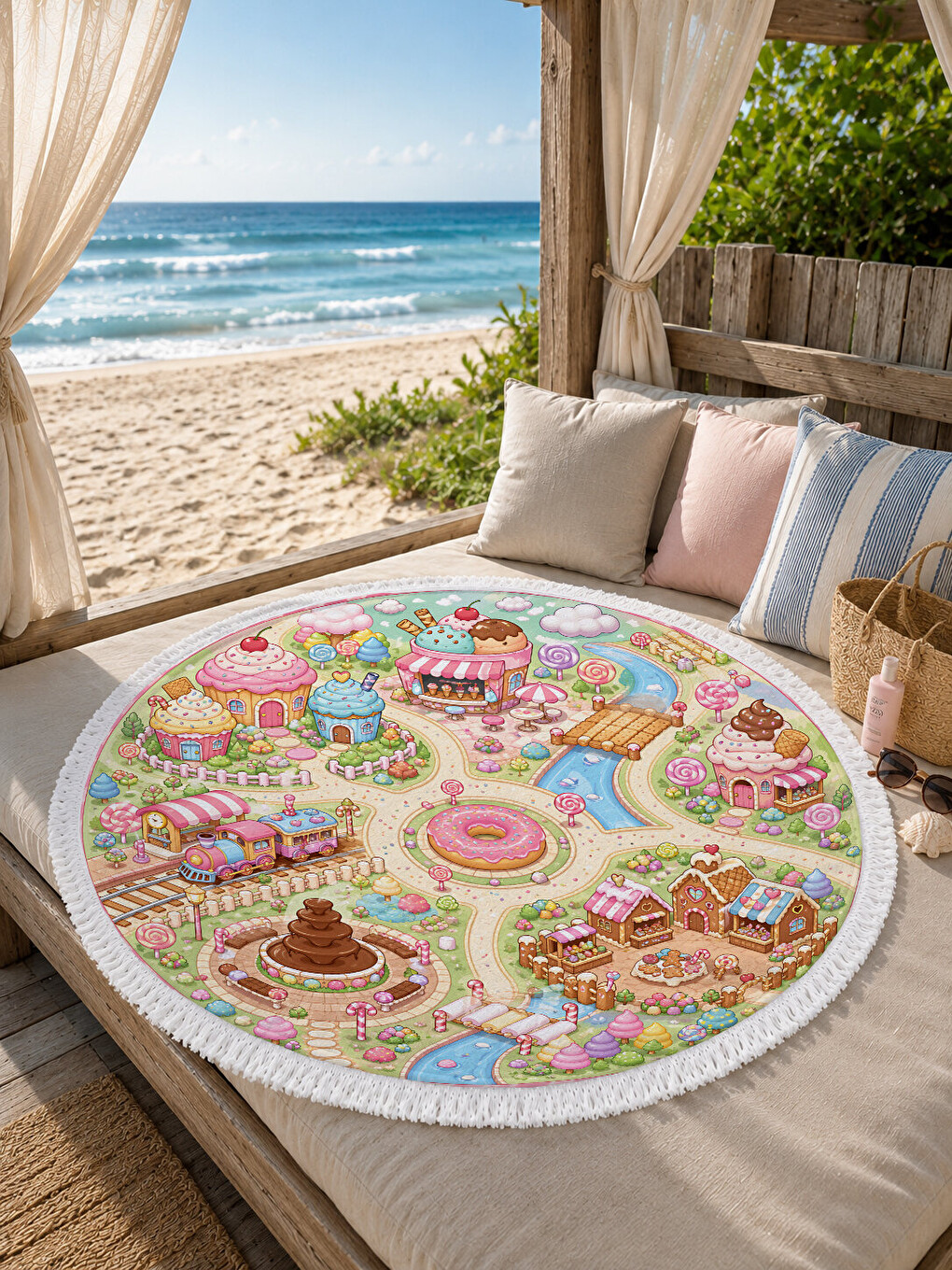 Karışık Pastel Şeker Kasabası Kız Çocuk Yuvarlak Plaj Havlusu 150 CM-1