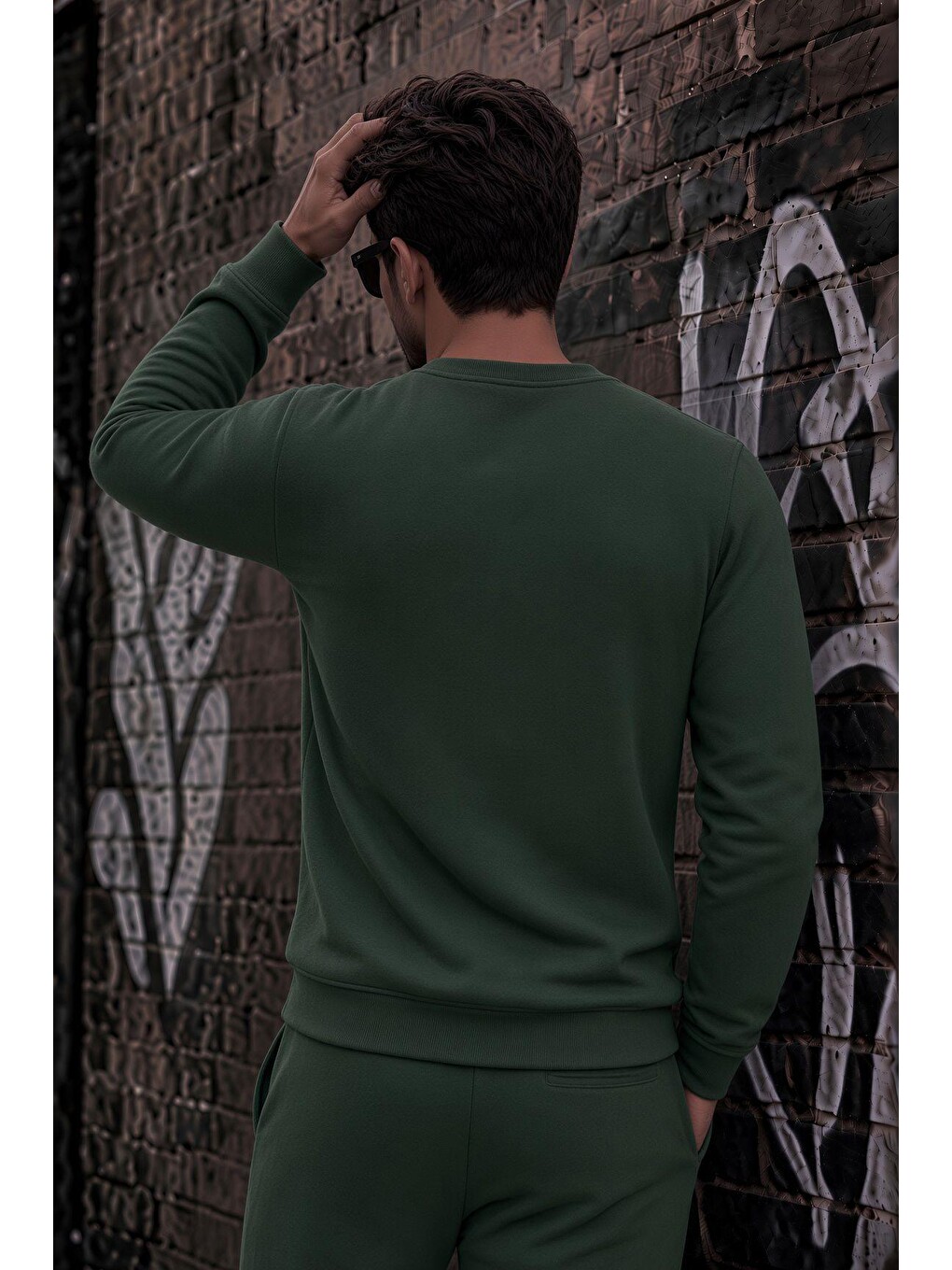 Yeşil John Erkek İki İpli Şardonlu Düz Renk Günlük Bisiklet Yaka Sweatshirt-2