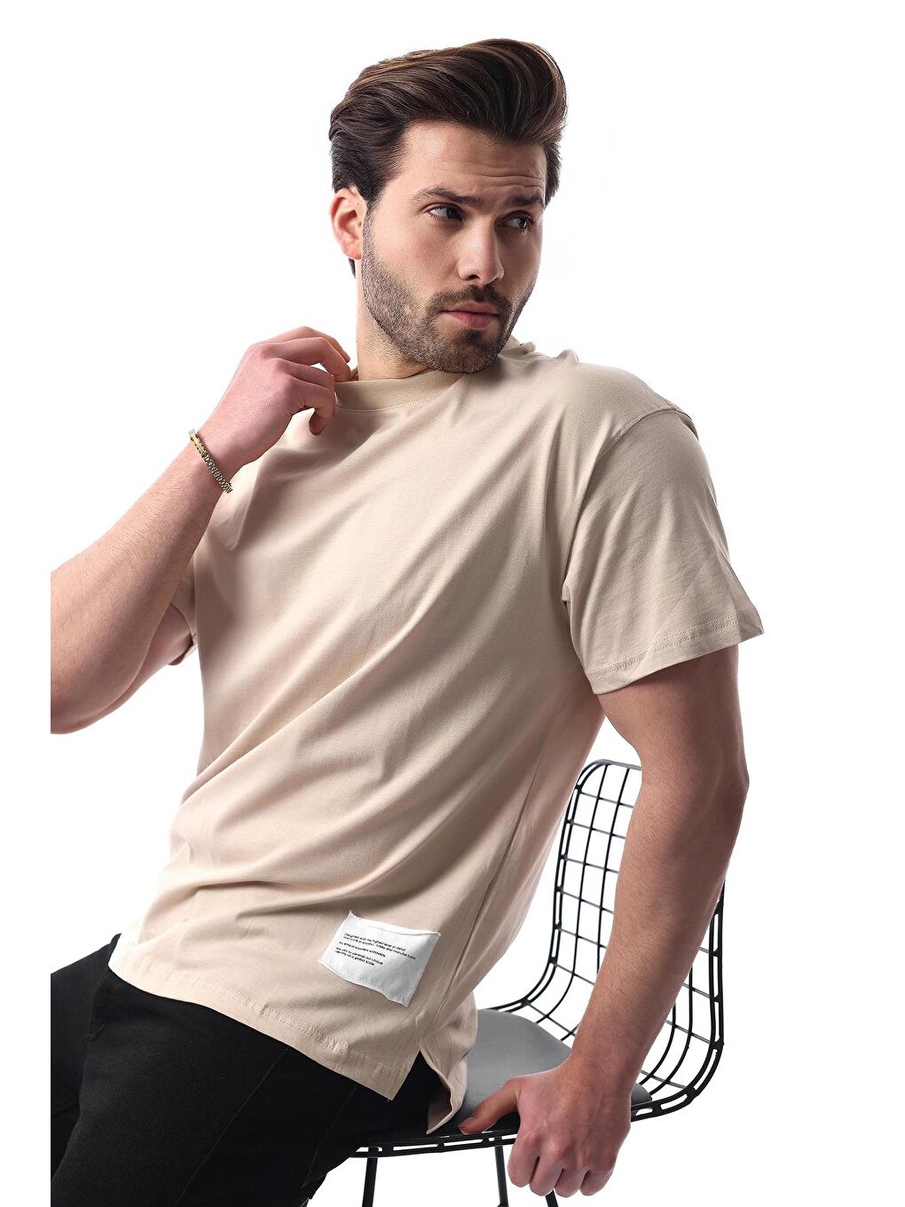 Bej Bisiklet Yaka Pamuklu Arma Deyatlı Overfit %100 Pamuk Tişört 7019-2