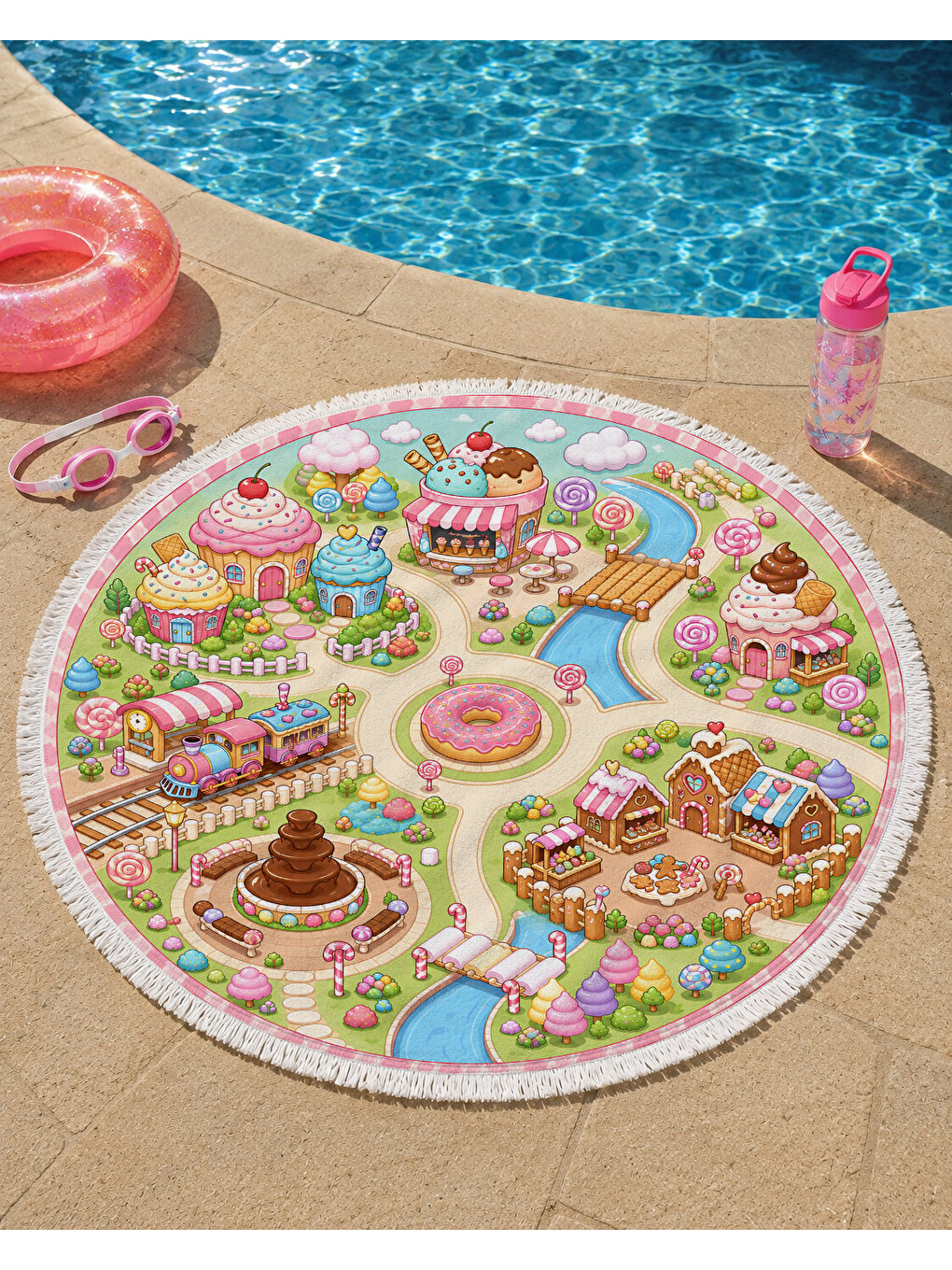 Karışık Pastel Şeker Kasabası Kız Çocuk Yuvarlak Plaj Havlusu 150 CM-3