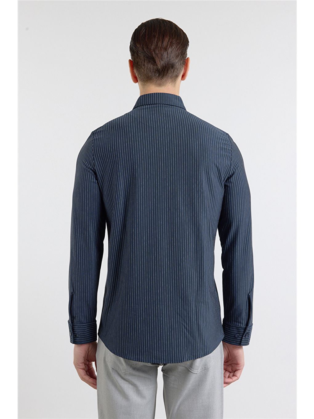 Lacivert Çizgili Desen İtalyan Yaka Uzun Kol Torba Cep Standart Fit Esnek Gömlek 1004260157-2