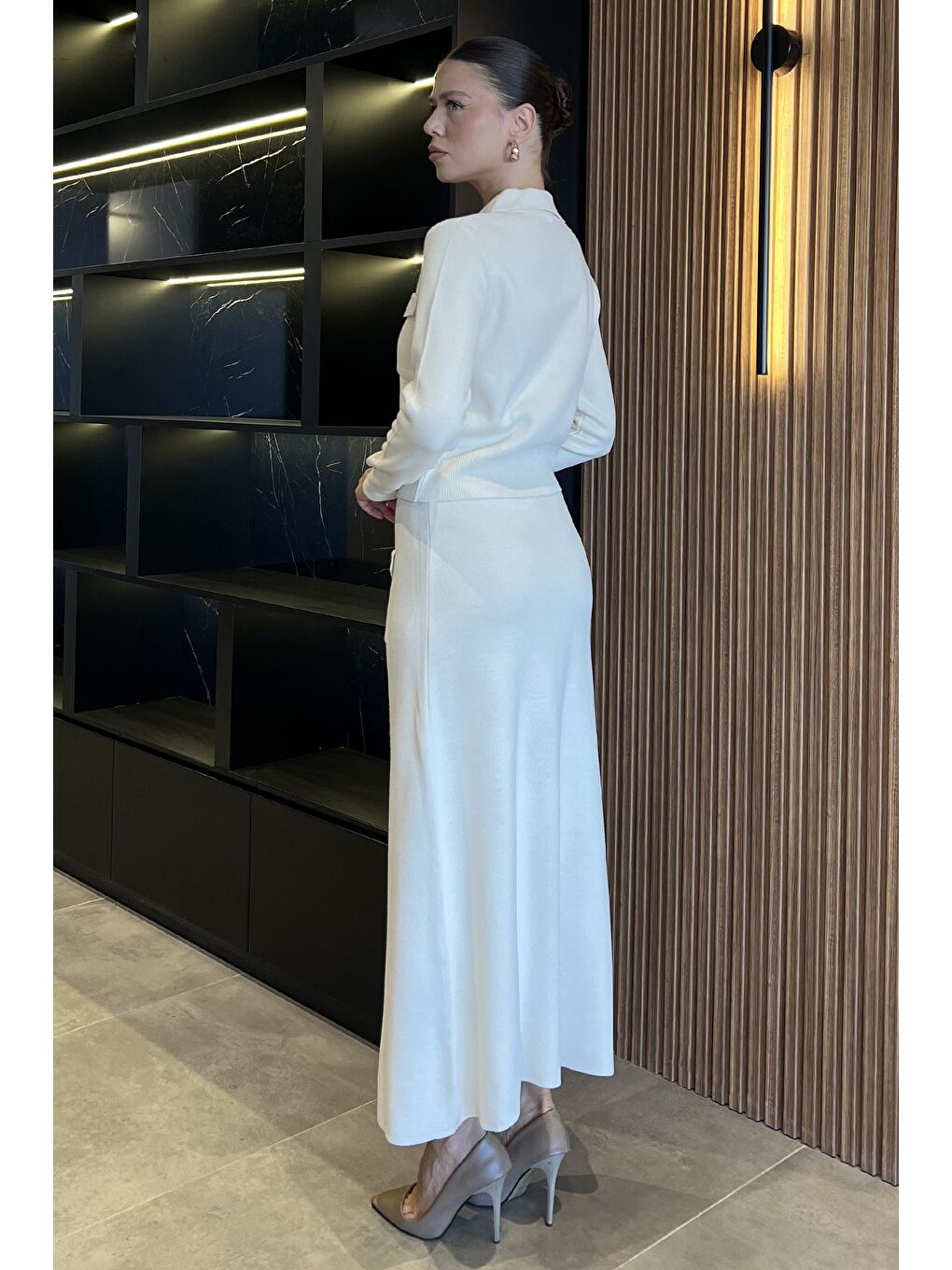 Ekru Düğme Detaylı Hırka Etek Triko İkili Takım-2