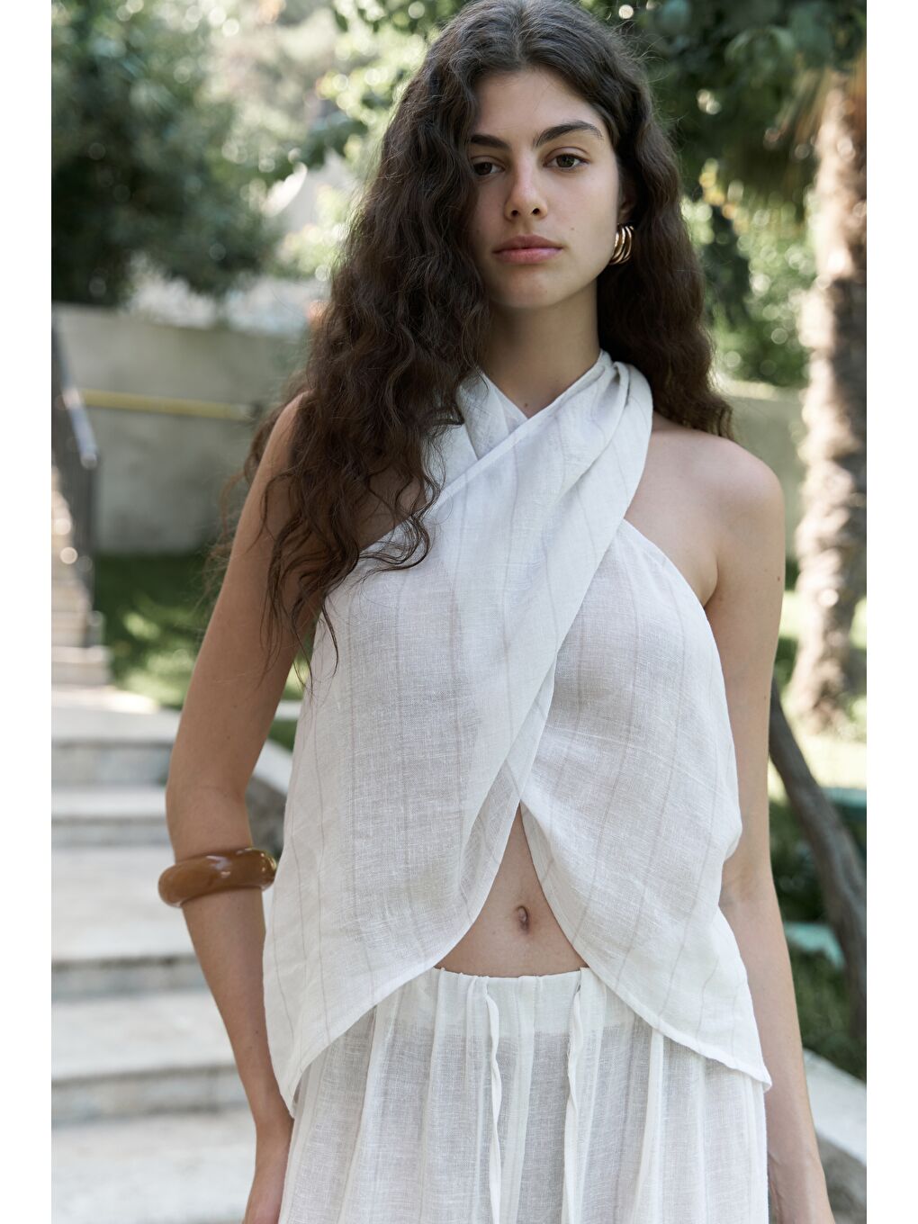 Cadhas Boyundan Bağlamalı Ekru Crop Pantolon Takım-2