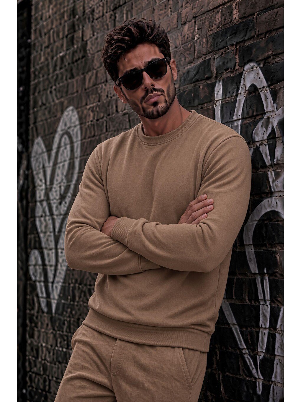 Bej John Erkek İki İpli Şardonlu Düz Renk Günlük Bisiklet Yaka Sweatshirt-1