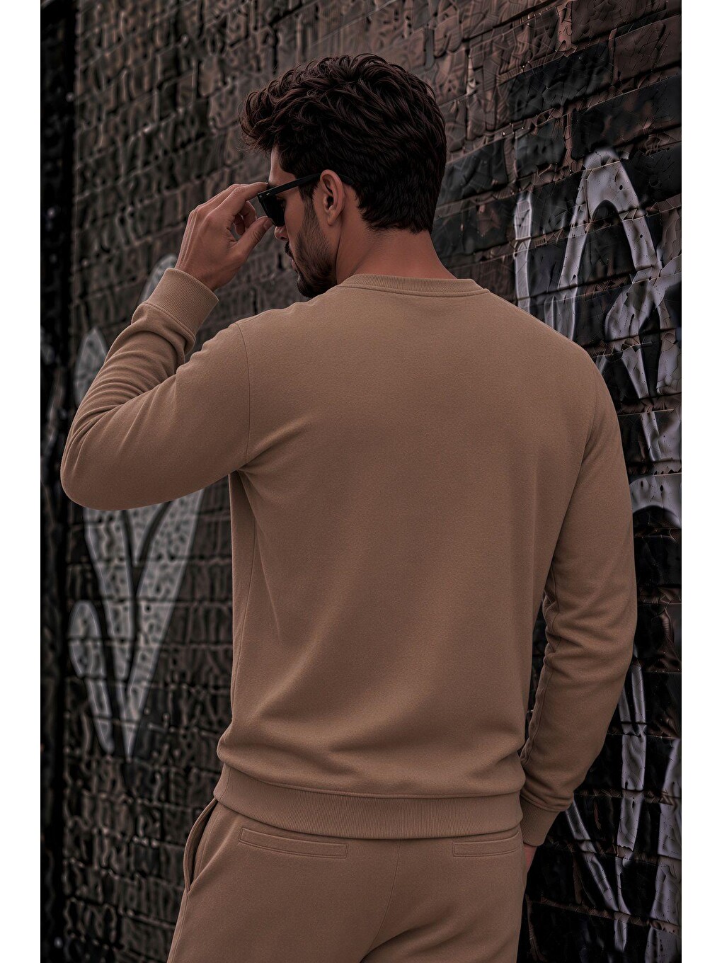 Bej John Erkek İki İpli Şardonlu Düz Renk Günlük Bisiklet Yaka Sweatshirt-2