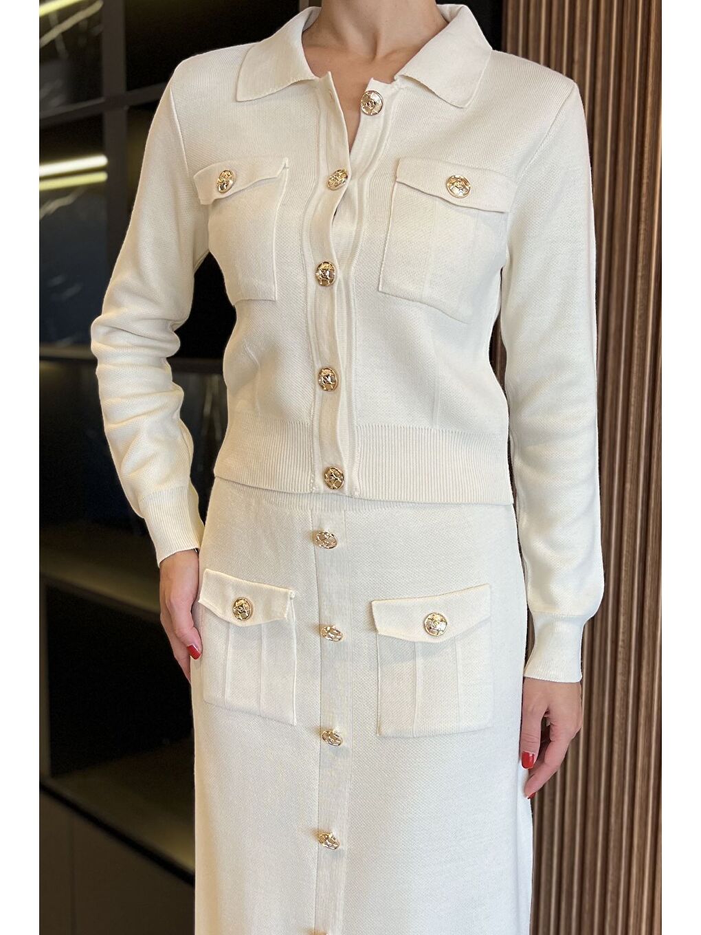 Ekru Düğme Detaylı Hırka Etek Triko İkili Takım-3