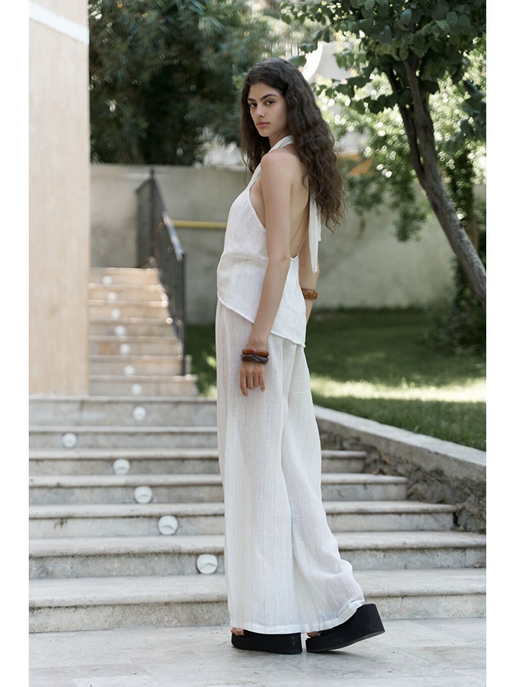 Cadhas Boyundan Bağlamalı Ekru Crop Pantolon Takım-3