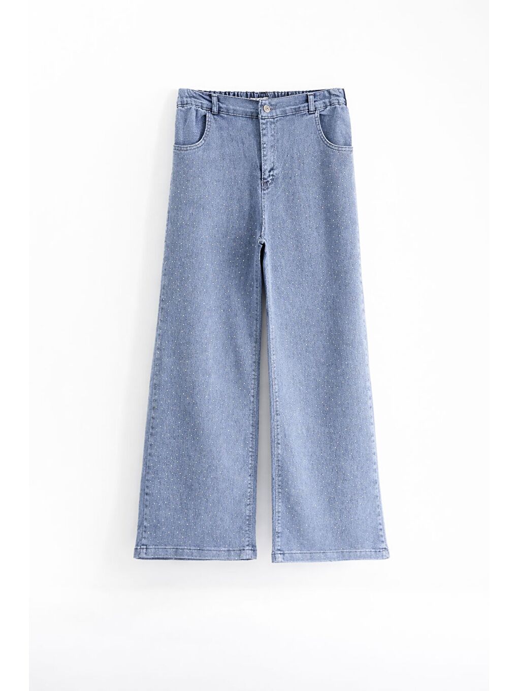Mavi Taş İşlemeli Geniş Paça Beli Lastikli Kız Çocuk Jean Pantolon 23738