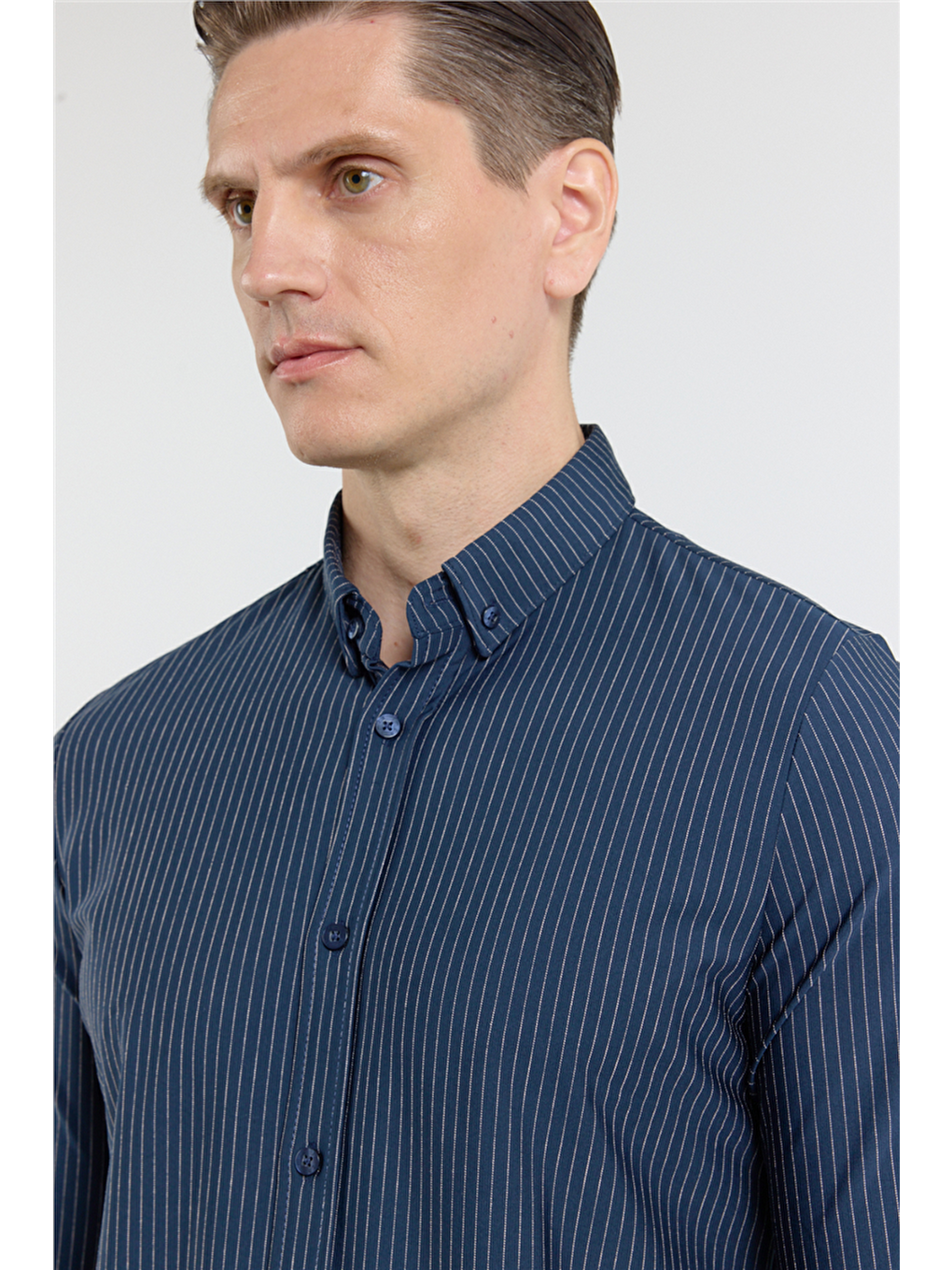 Lacivert Çizgili Desen İtalyan Yaka Uzun Kol Torba Cep Standart Fit Esnek Gömlek 1004260157-4