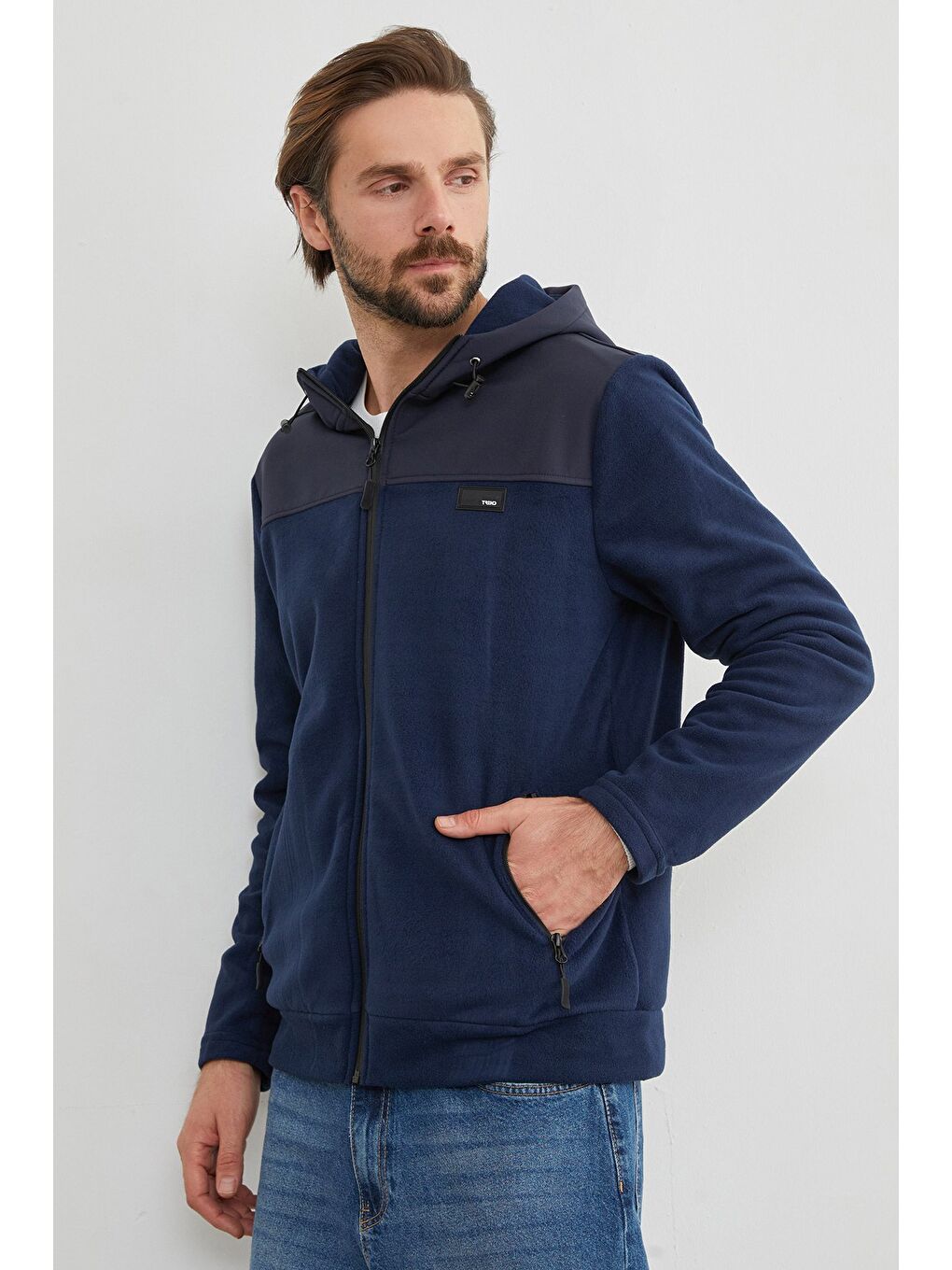 İndigo Armalı Kapüşonlu Fermuarlı Polar Ceket