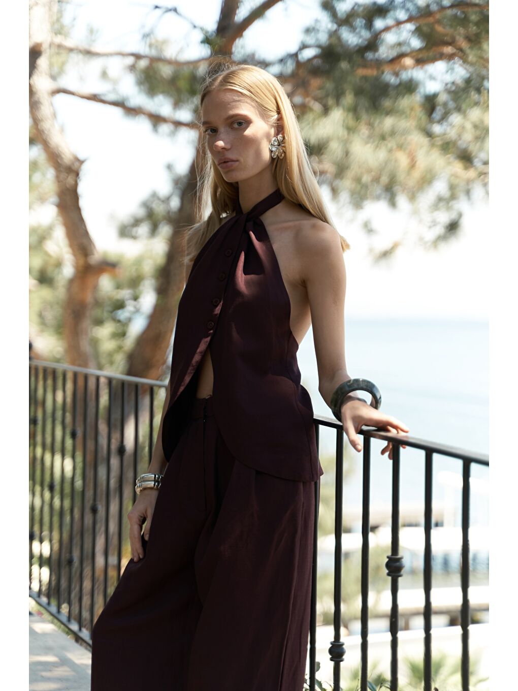 Prasetsah Bağlamalı Bordo Crop Pantolon Takım-4