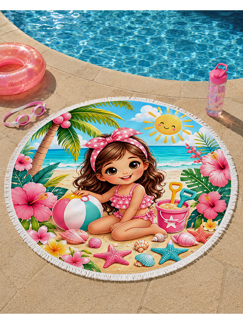Karışık Tropikal Plaj Kızı Yuvarlak Çocuk Plaj Havlusu Pembe 150 CM-3
