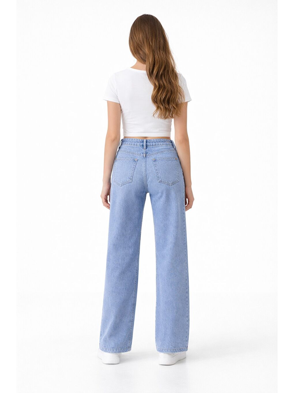 Mavi Taş İşlemeli Geniş Paça Beli Lastikli Kız Çocuk Jean Pantolon 23738-1