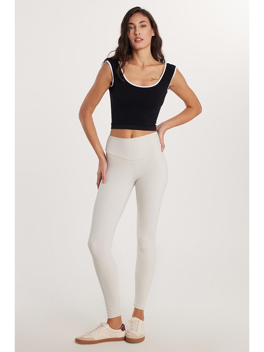 Kadın Süper Slim Beli Lastikli İnterlok Standart Boy Normal Bel Gri Tayt-1