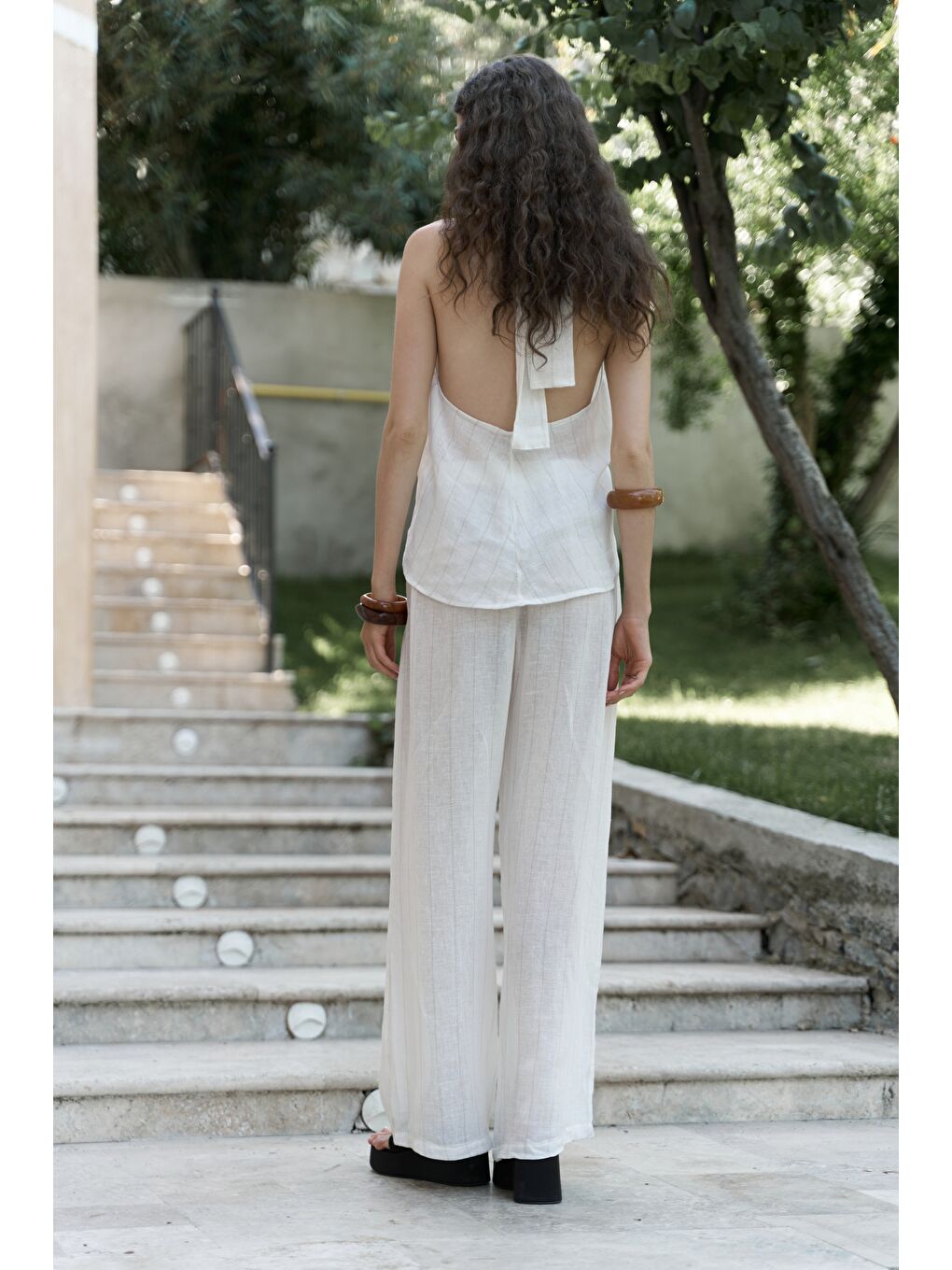 Cadhas Boyundan Bağlamalı Ekru Crop Pantolon Takım-4