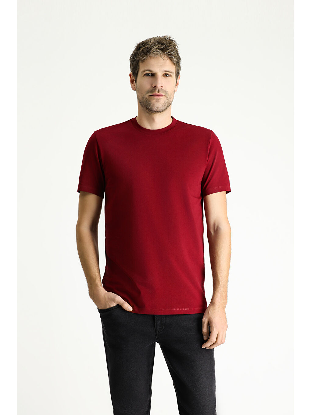 Bordo Bisiklet Yaka Slim Fit Dar Kesim Süprem Pamuk %100 Pamuk Tişört