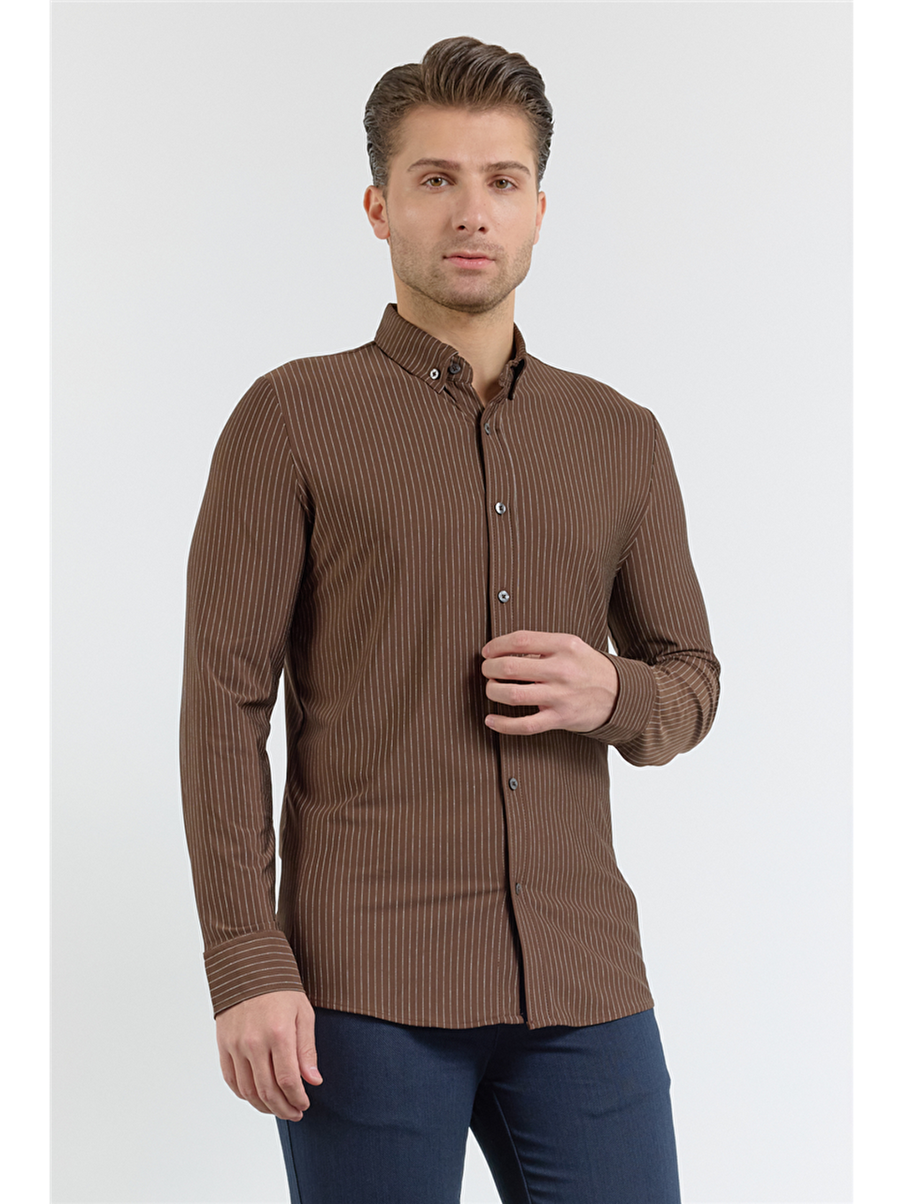 Kahverengi Çizgili Desen İtalyan Yaka Uzun Kol Torba Cep Standart Fit Esnek Gömlek 1004260157