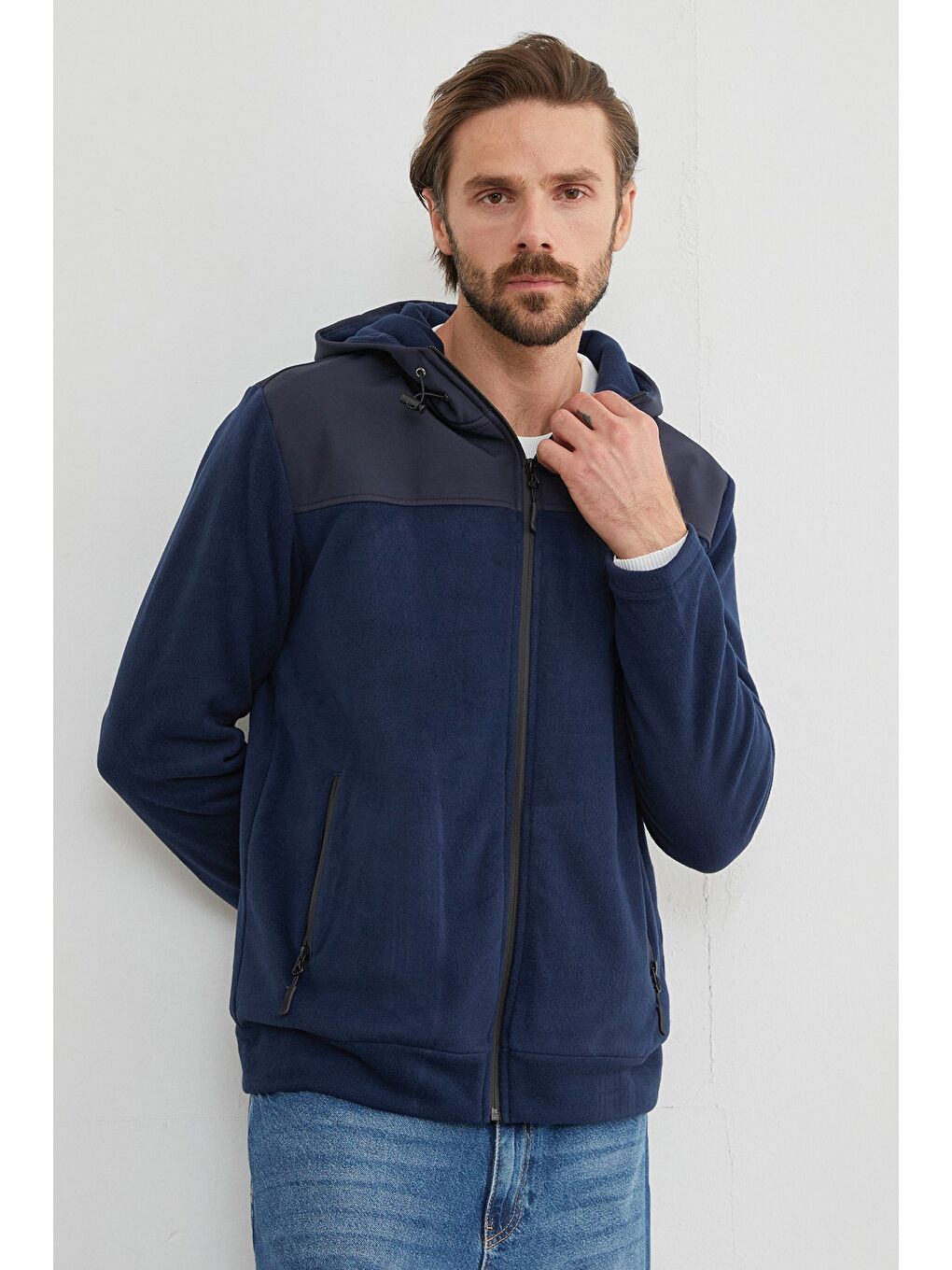 İndigo Armalı Kapüşonlu Fermuarlı Polar Ceket-1