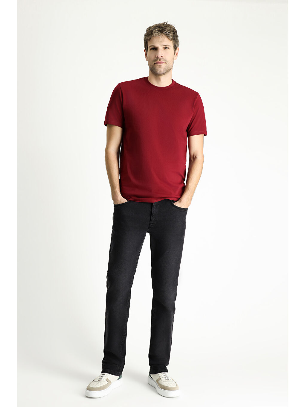 Bordo Bisiklet Yaka Slim Fit Dar Kesim Süprem Pamuk %100 Pamuk Tişört-1