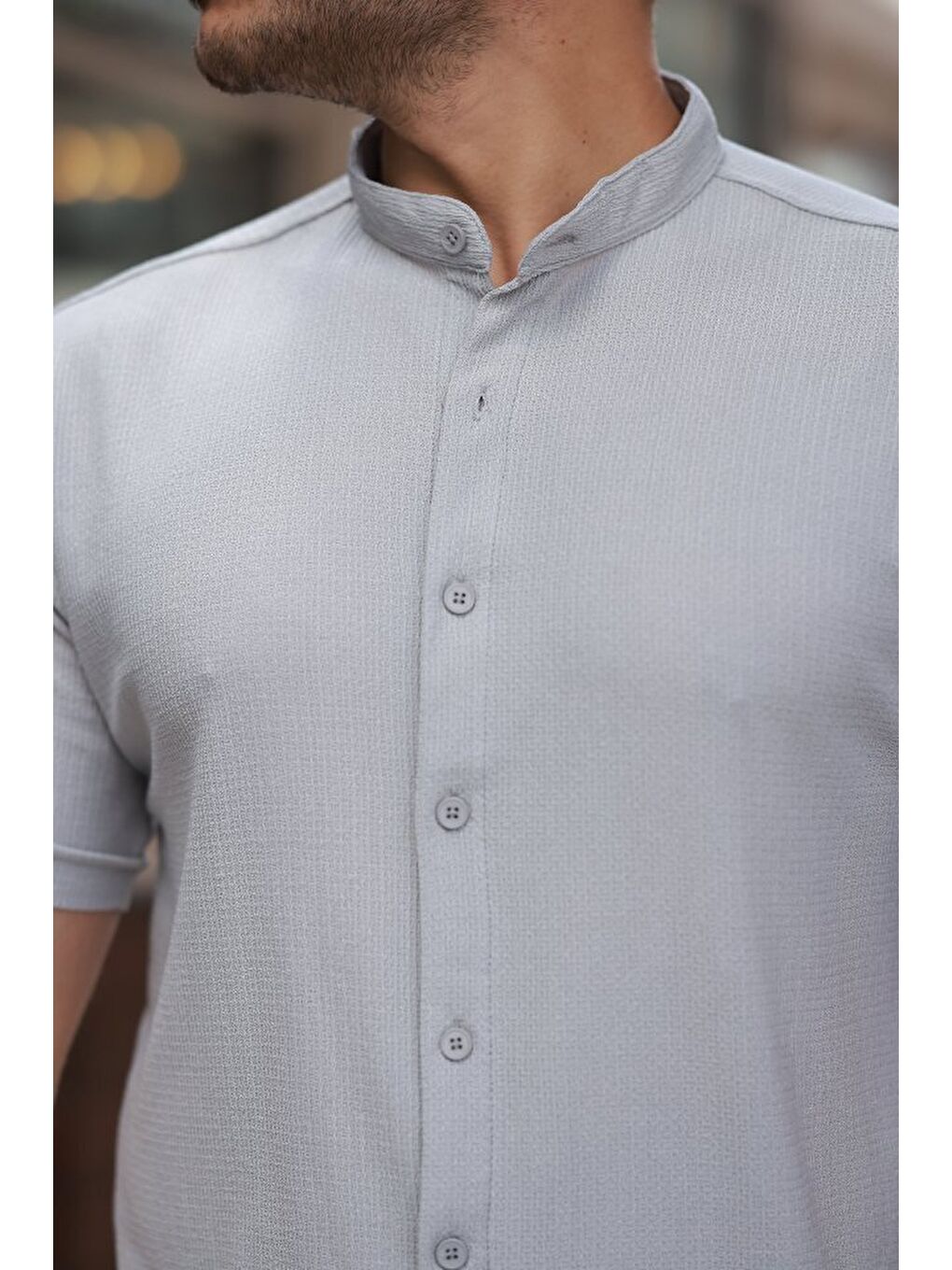 Gri Erkek Hakim Yaka Kısa Kollu Gömlek-2