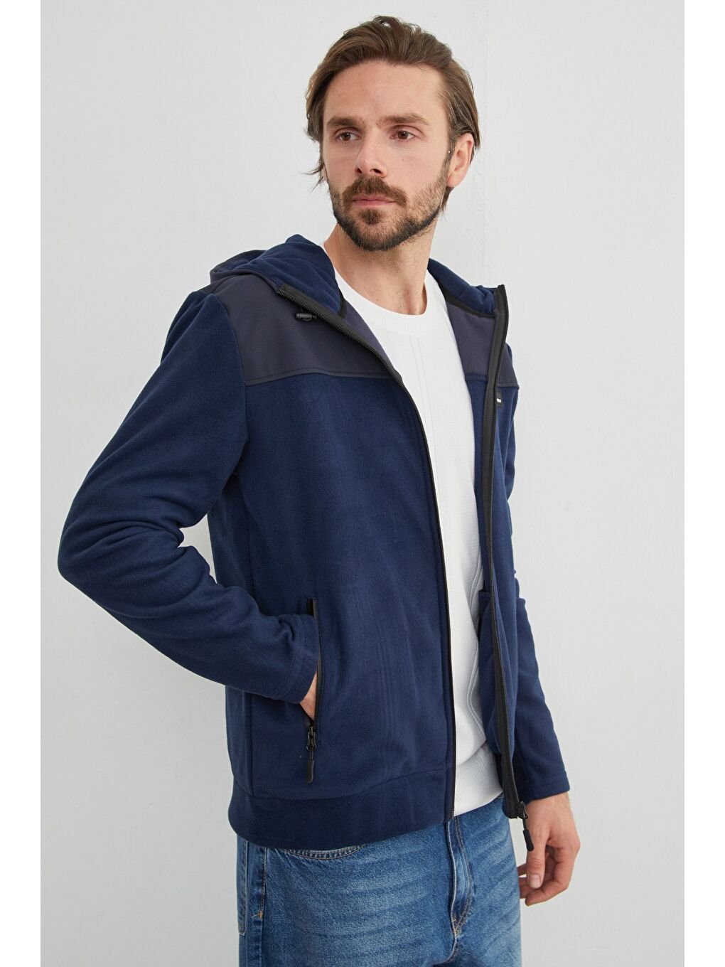 İndigo Armalı Kapüşonlu Fermuarlı Polar Ceket-2