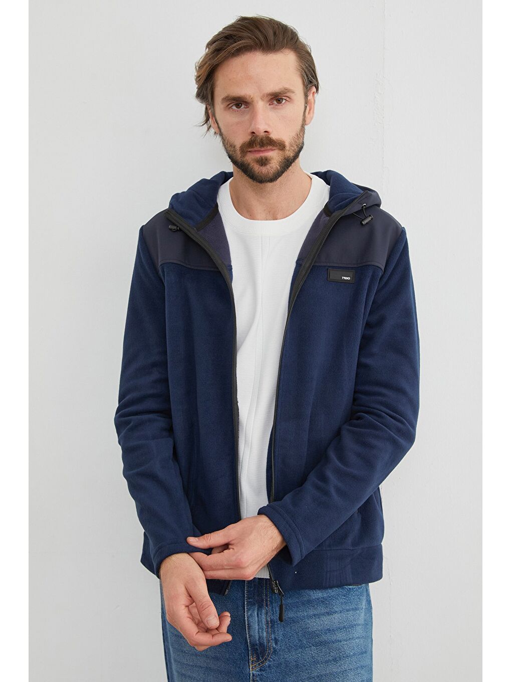 İndigo Armalı Kapüşonlu Fermuarlı Polar Ceket-3