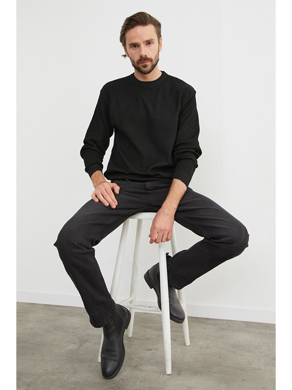 Siyah Basic Bisiklet Yaka Triko Kazak-1