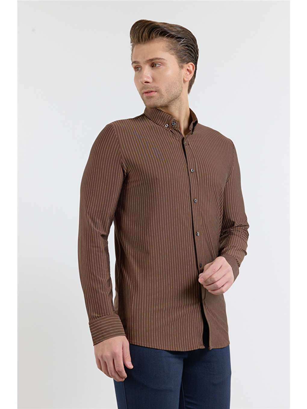 Kahverengi Çizgili Desen İtalyan Yaka Uzun Kol Torba Cep Standart Fit Esnek Gömlek 1004260157-2