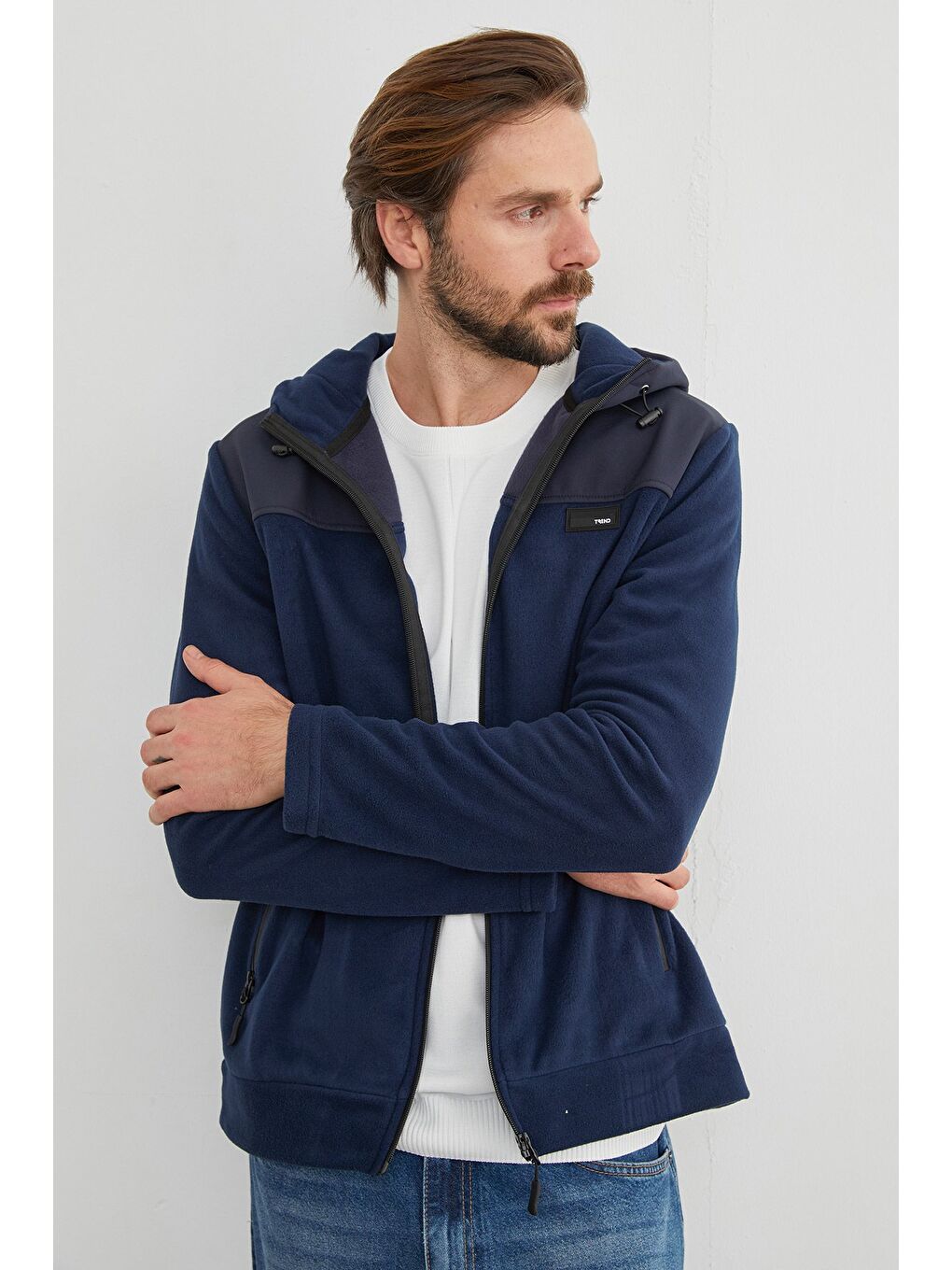 İndigo Armalı Kapüşonlu Fermuarlı Polar Ceket-4