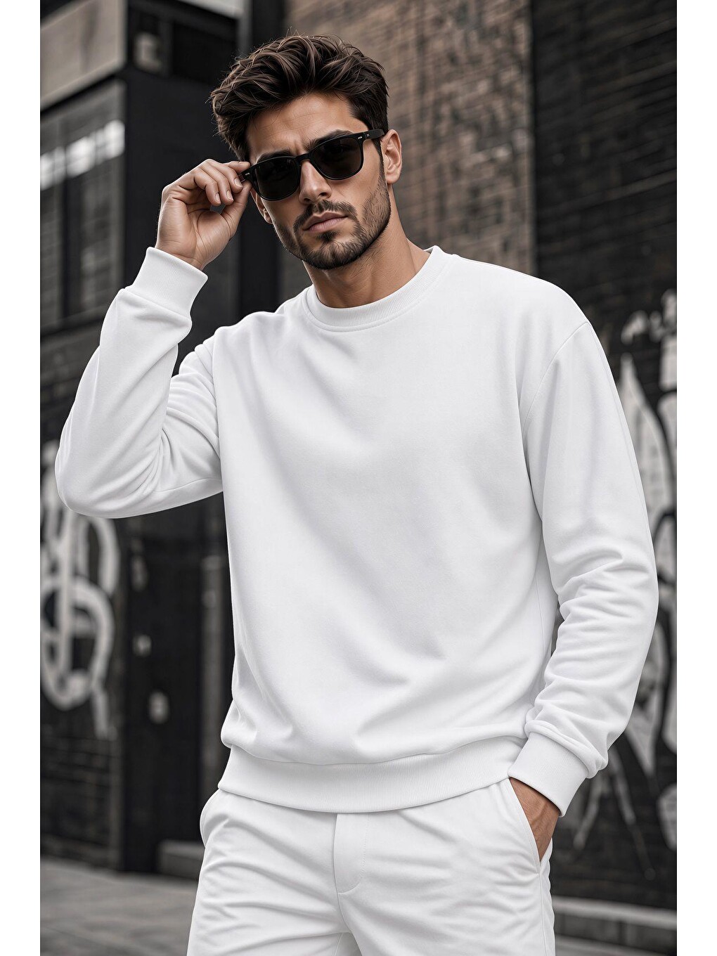 Beyaz John Erkek İki İpli Şardonlu Düz Renk Günlük Bisiklet Yaka Sweatshirt