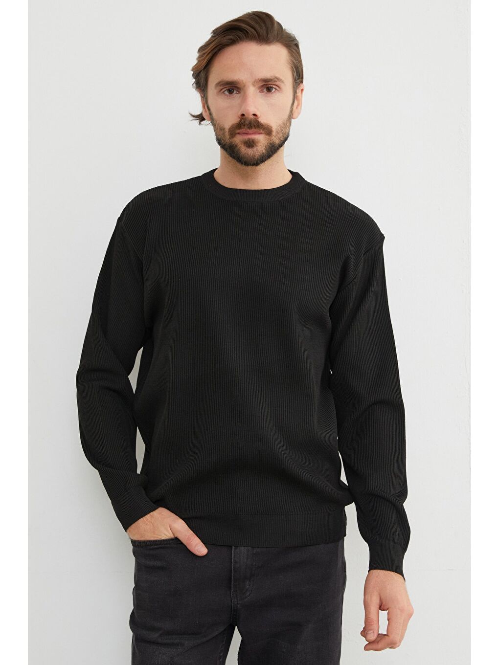 Siyah Basic Bisiklet Yaka Triko Kazak-2