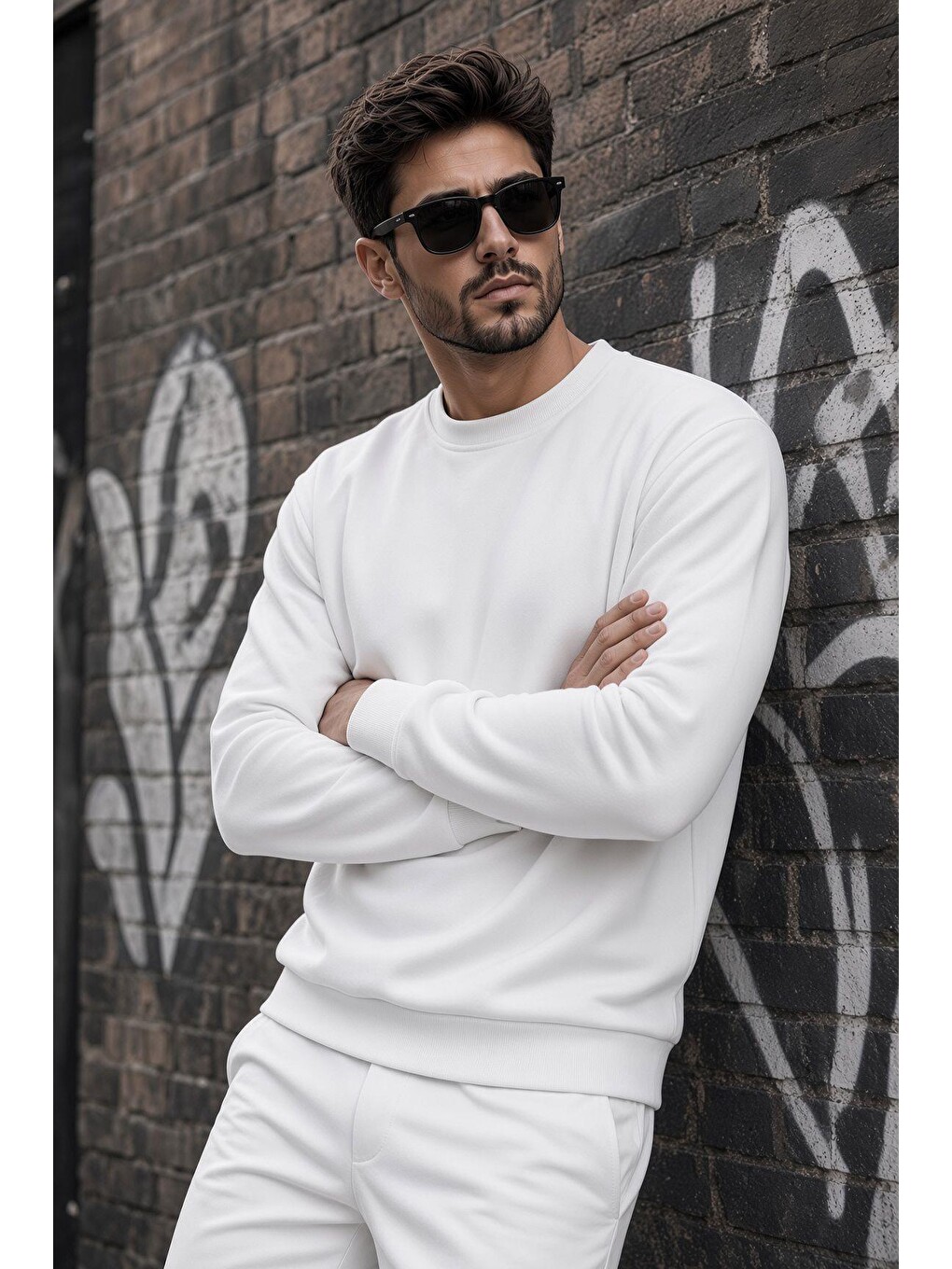 Beyaz John Erkek İki İpli Şardonlu Düz Renk Günlük Bisiklet Yaka Sweatshirt-1