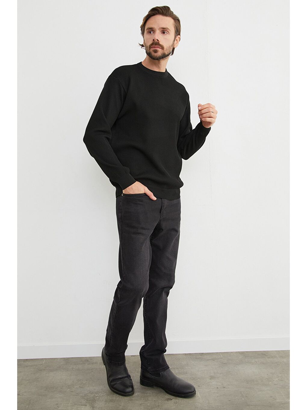 Siyah Basic Bisiklet Yaka Triko Kazak-3