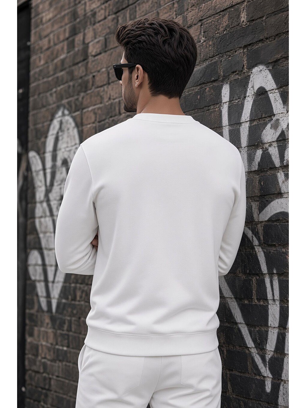 Beyaz John Erkek İki İpli Şardonlu Düz Renk Günlük Bisiklet Yaka Sweatshirt-2