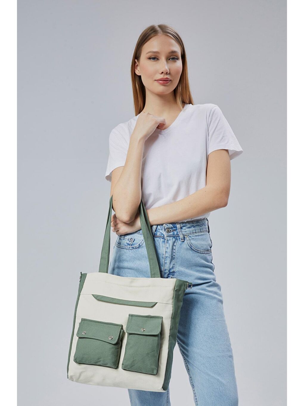 Kanvas Ön Cepleri Çıtlı Çanta (Mint Yeşili-Ekru)-4