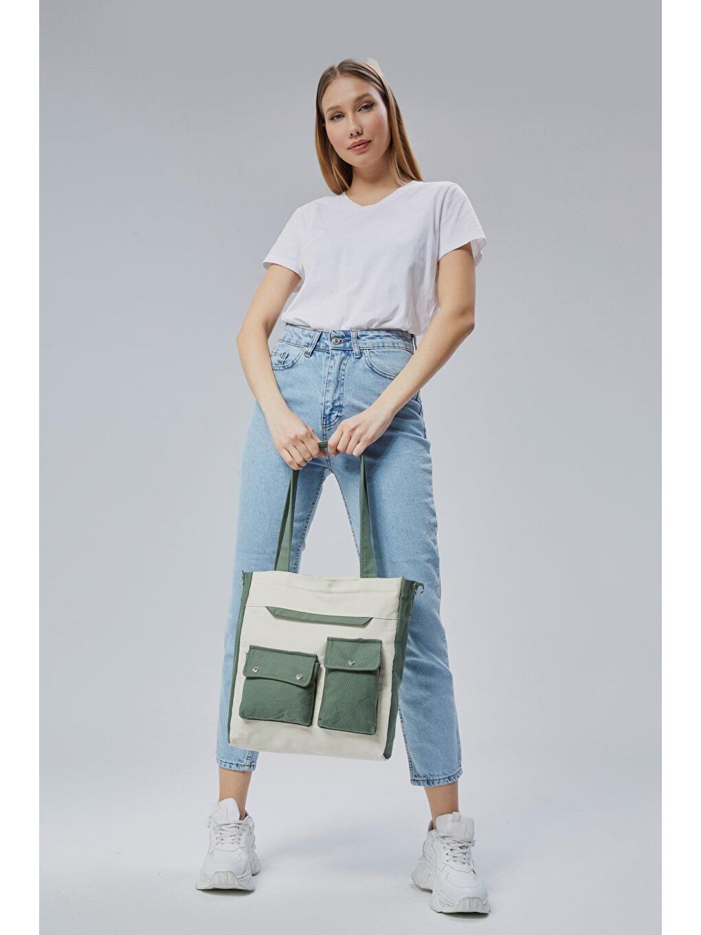 Kanvas Ön Cepleri Çıtlı Çanta (Mint Yeşili-Ekru)-6