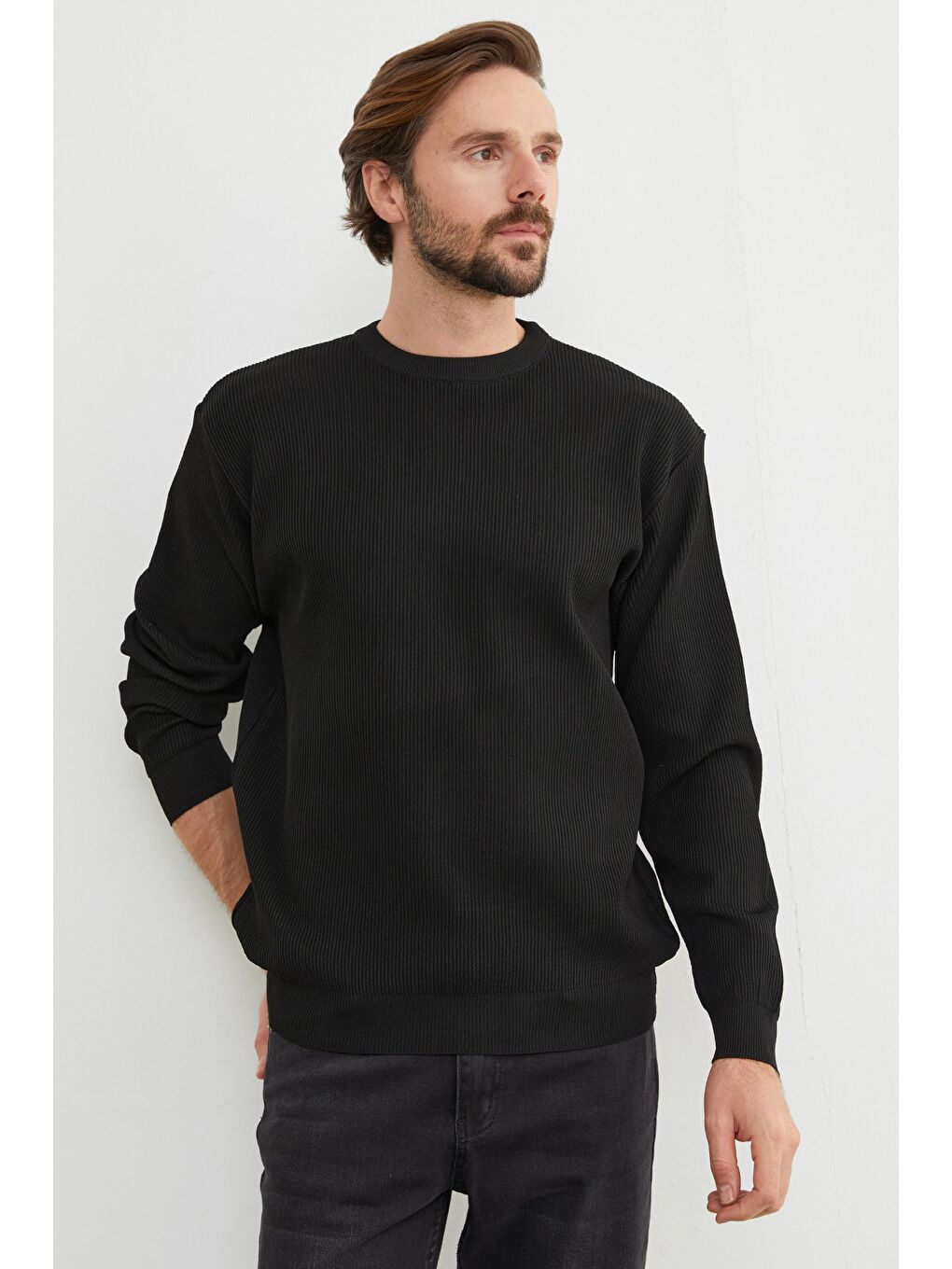 Siyah Basic Bisiklet Yaka Triko Kazak-4