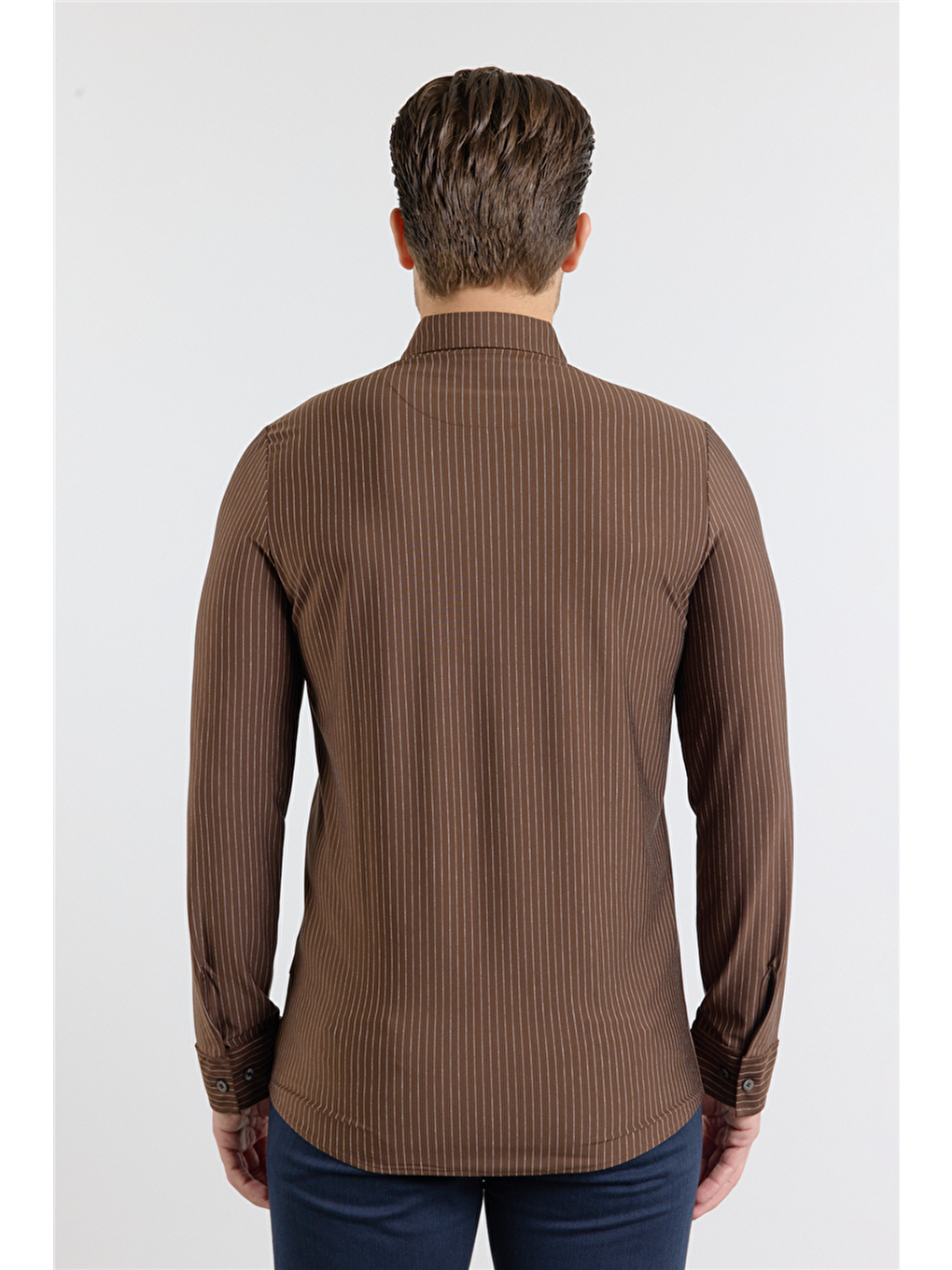 Kahverengi Çizgili Desen İtalyan Yaka Uzun Kol Torba Cep Standart Fit Esnek Gömlek 1004260157-4