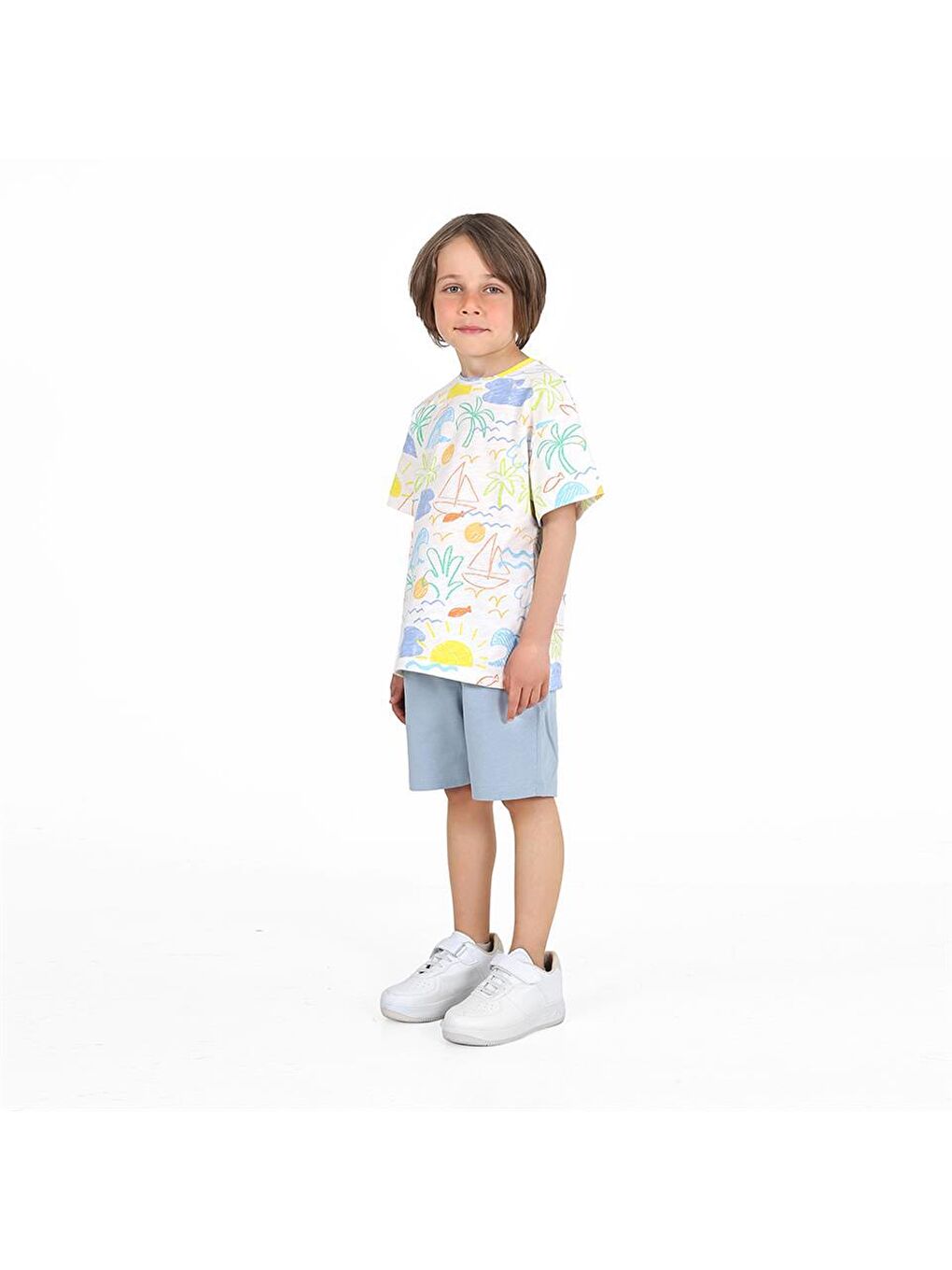 Ekru Erkek Çocuk Renkli Desenli Beyaz Mavi Alt Üst Takım