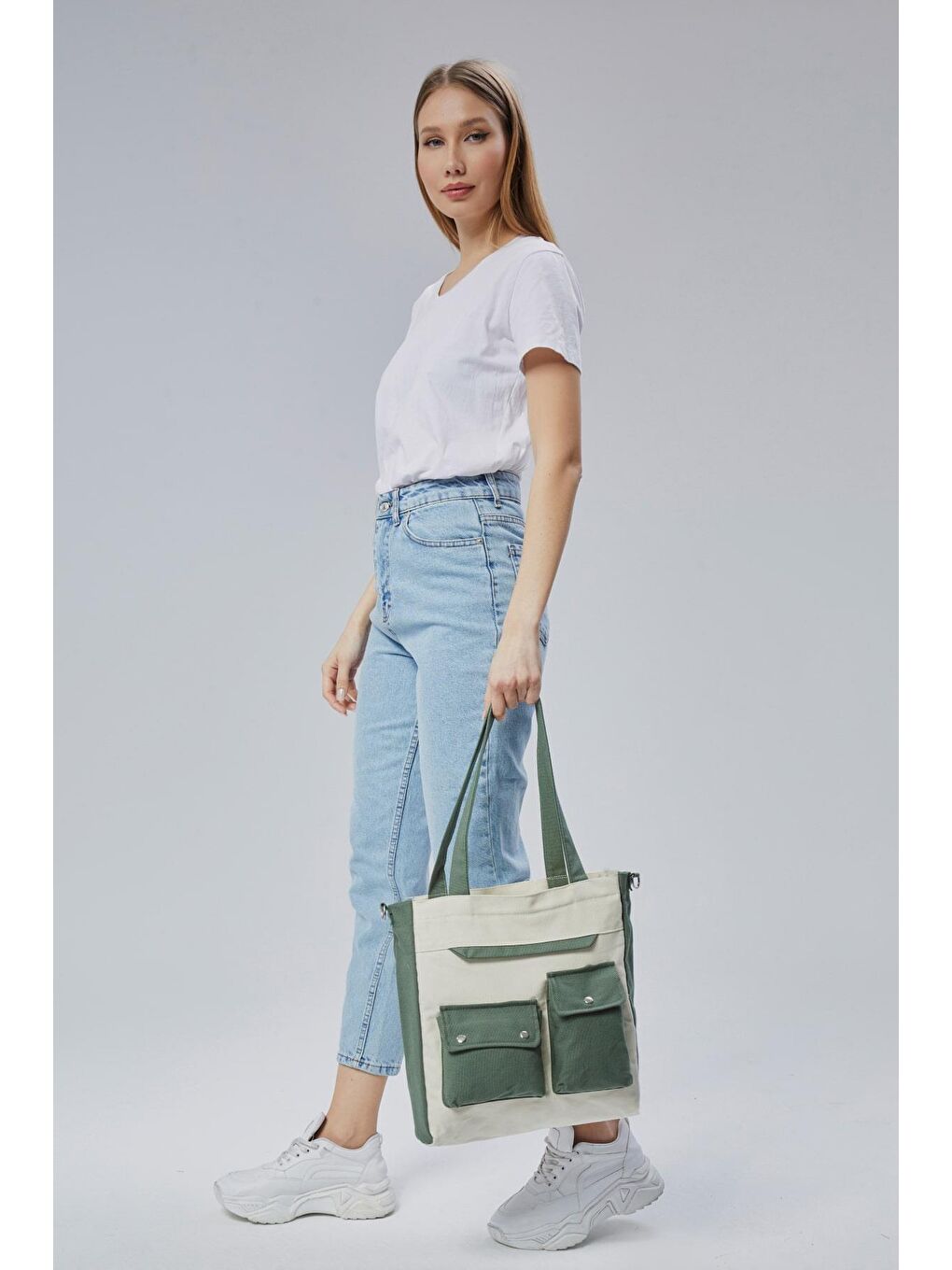 Kanvas Ön Cepleri Çıtlı Çanta (Mint Yeşili-Ekru)-5