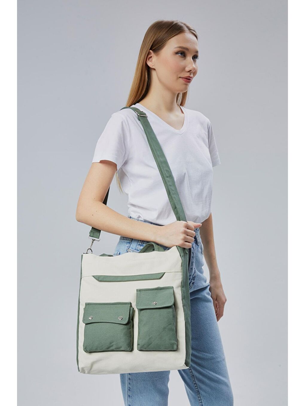 Kanvas Ön Cepleri Çıtlı Çanta (Mint Yeşili-Ekru)-2