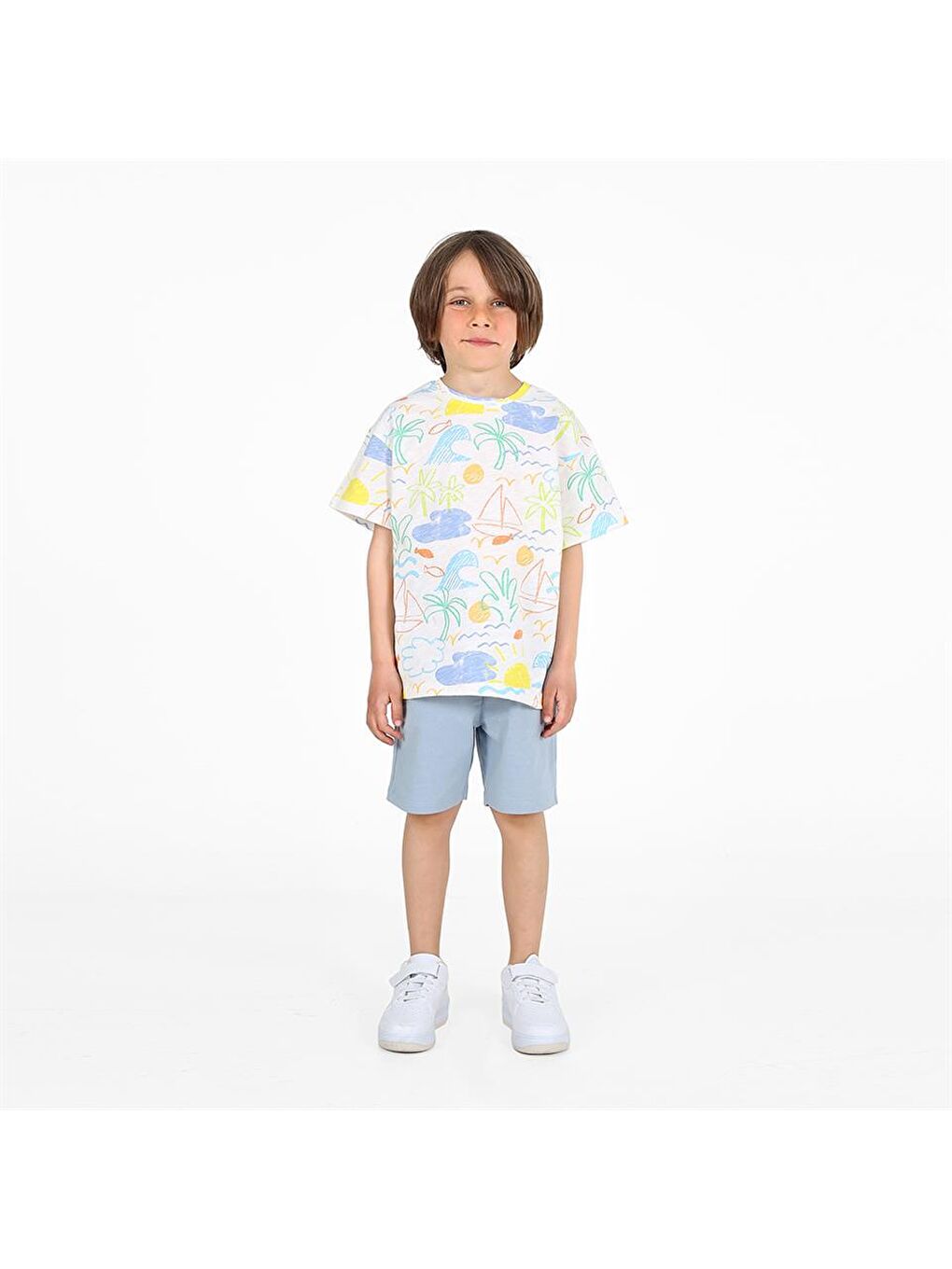 Ekru Erkek Çocuk Renkli Desenli Beyaz Mavi Alt Üst Takım-2