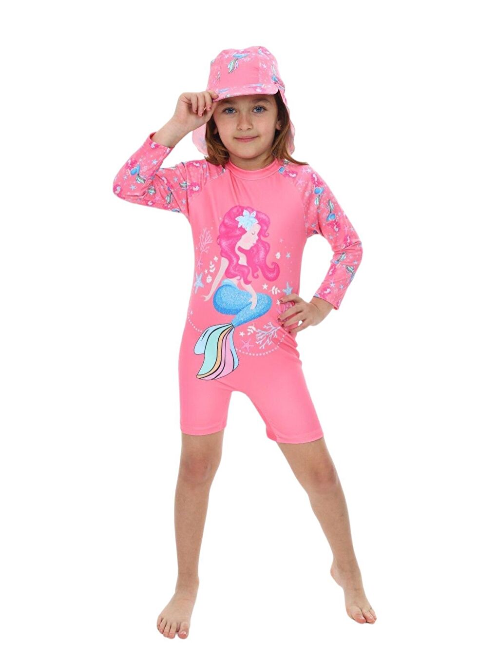 Pembe Şapkalı Fermuarlı Uzun Kollu Kız Çocuk Mayo-1