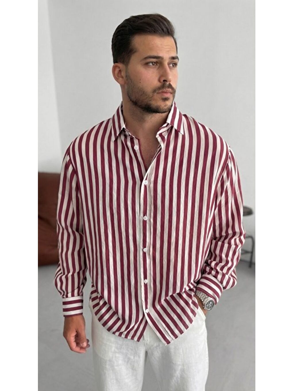 Bordo Erkek Dikey Çizgili Yarım Oversize Gömlek-1