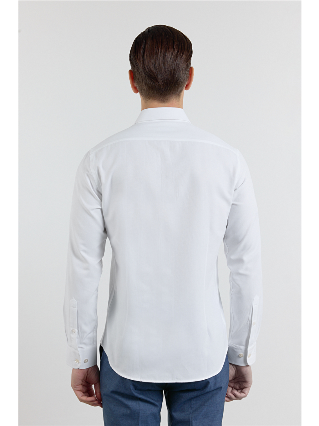 Beyaz Kendinden Desenli Sert Yaka Uzun Kol Cepsiz Slim Fit Pamuklu Gömlek 1004255283-4