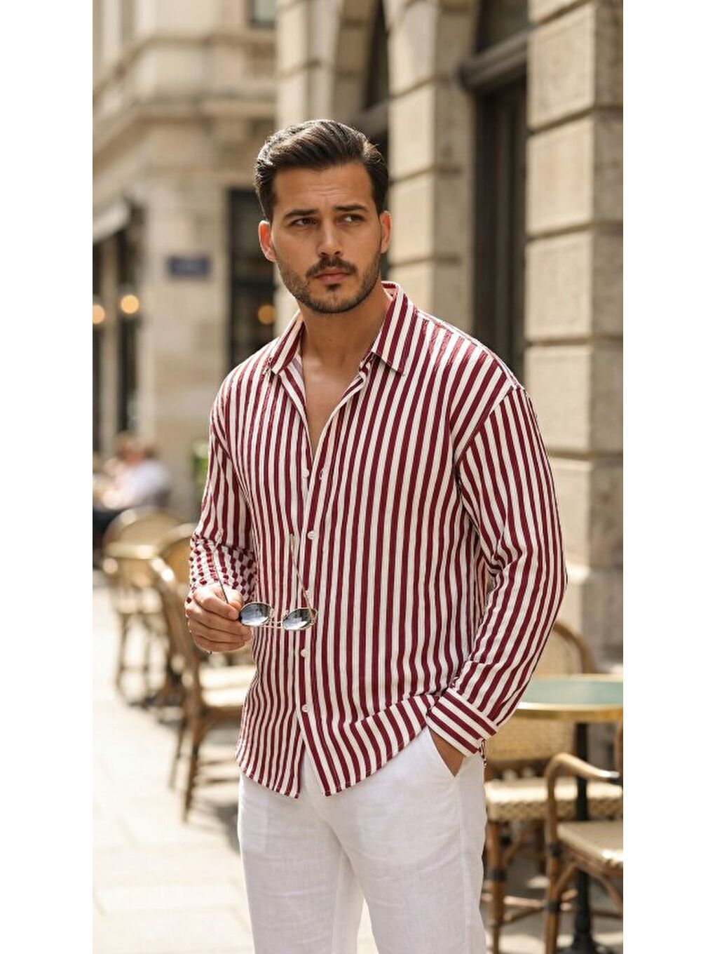 Bordo Erkek Dikey Çizgili Yarım Oversize Gömlek-4