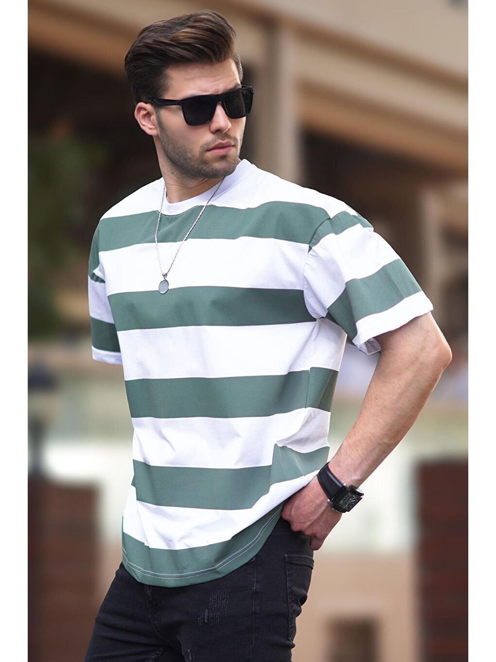 Haki Oversize Renk Bloklu Bisiklet Yaka Kısa Kollu %100 Pamuk Tişört 7030-3