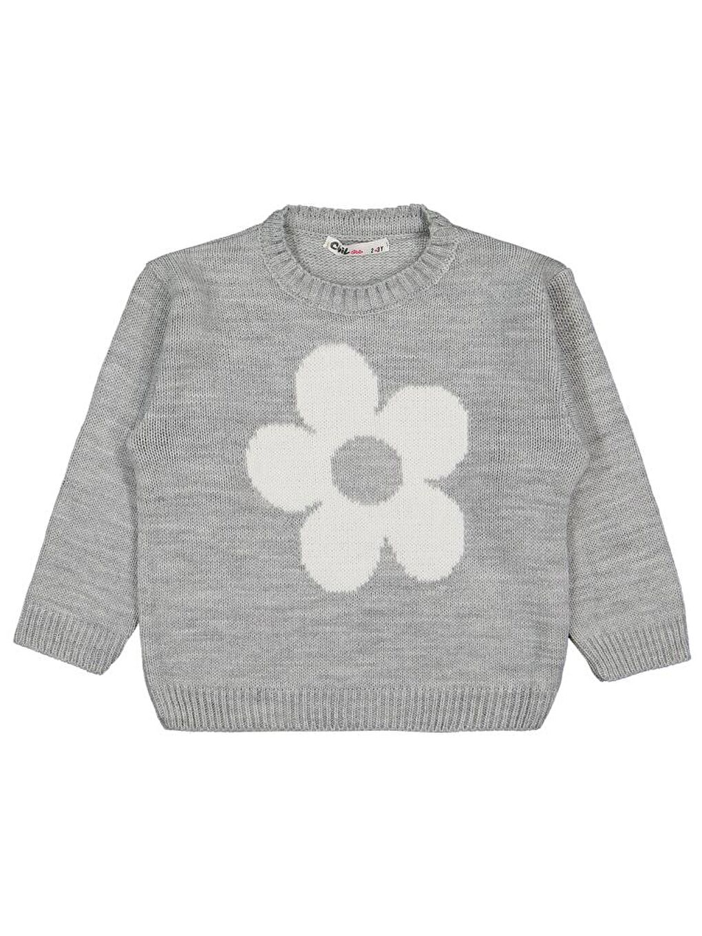 Girls Büyük Çiçek Desenli 2-5 Yaş Kazak - Gri 4-5 Yaş