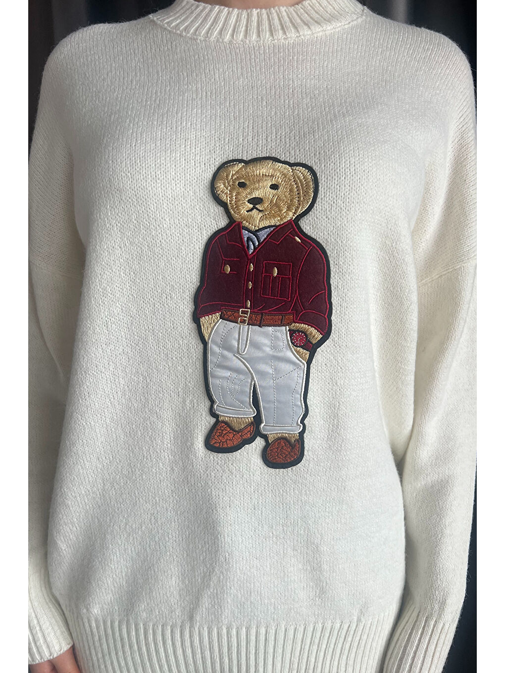 Ekru Aplike Ayılı Kadın Triko Kazak-2